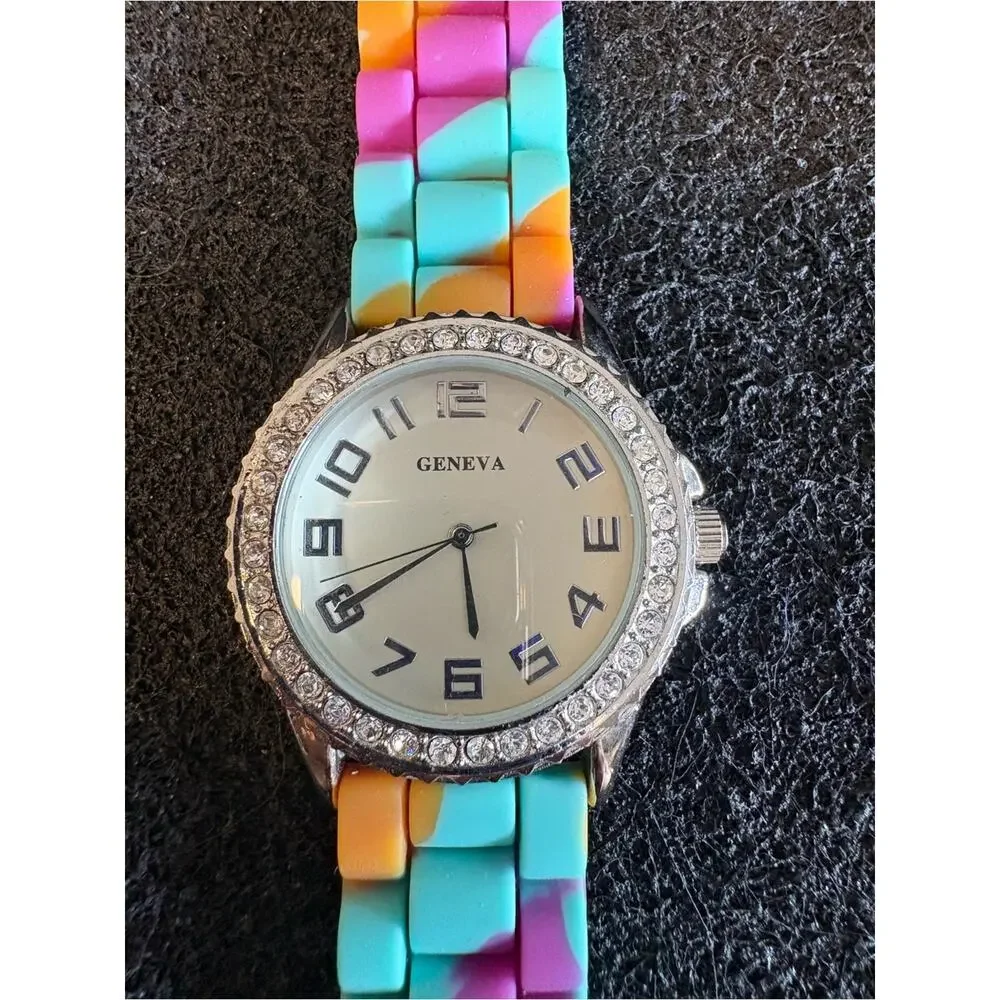Geneva Rainbow Silicone Strap Rhinestone Bezel Watch Colorful NWOT